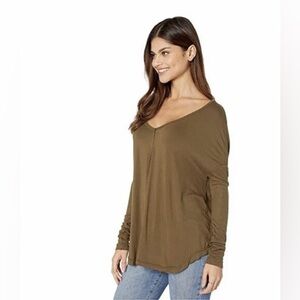 Free People Olive V-Neck Long Sleeve Top